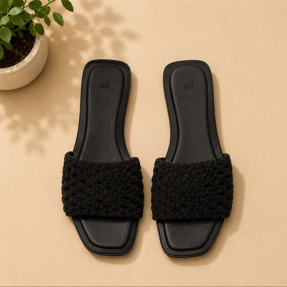 H&M Black Woven Slide Sandals Minimalist Braided Slip-On